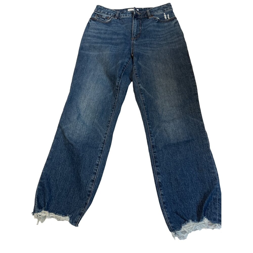 Distressed High Waist Blue Jean Straight Crop Loft Curvy Sze 26 Raw Hem Thrashed